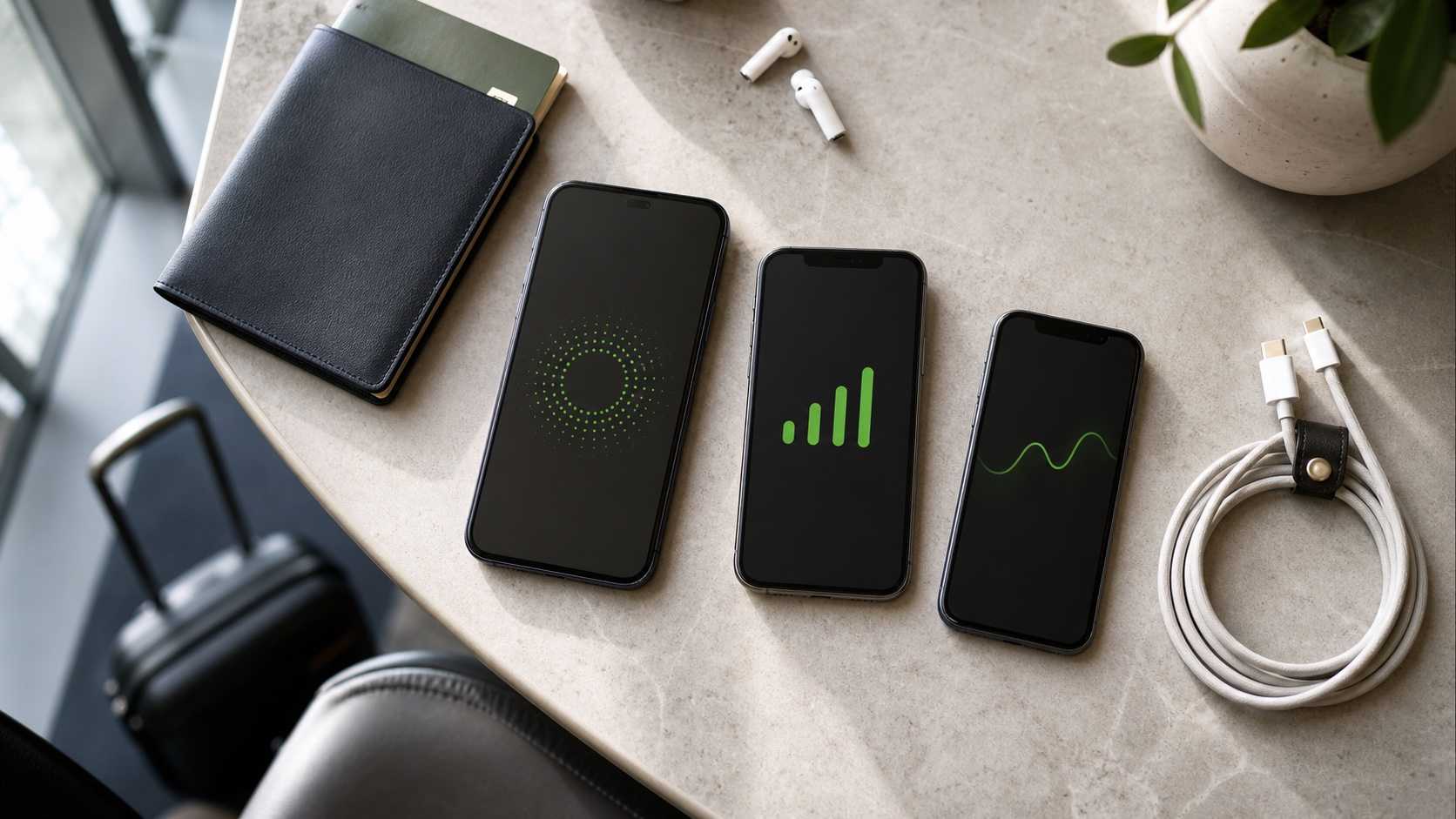Three modern smartphones arranged for an eSIM compatibility check