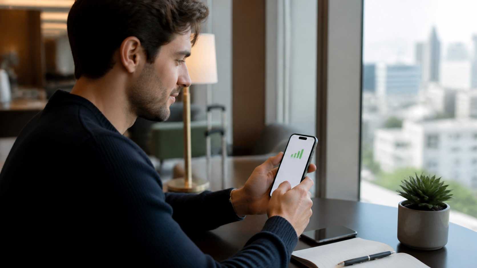 Traveller calmly checking mobile signal while troubleshooting an eSIM