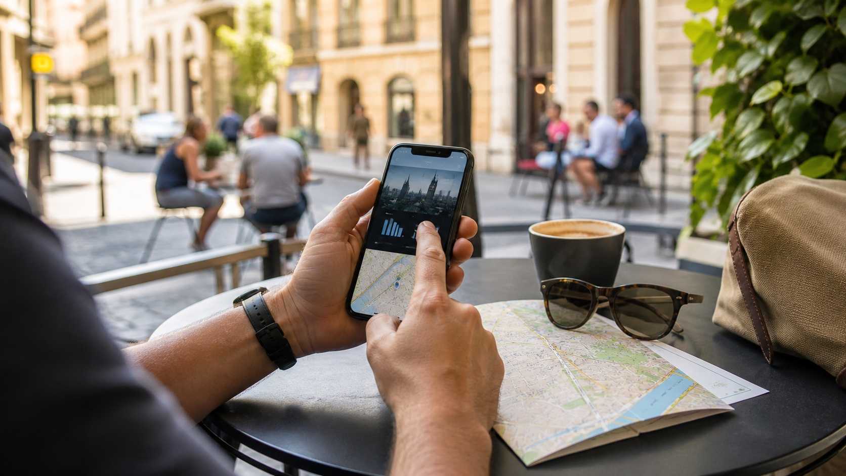 Traveller using maps and mobile data at a city café