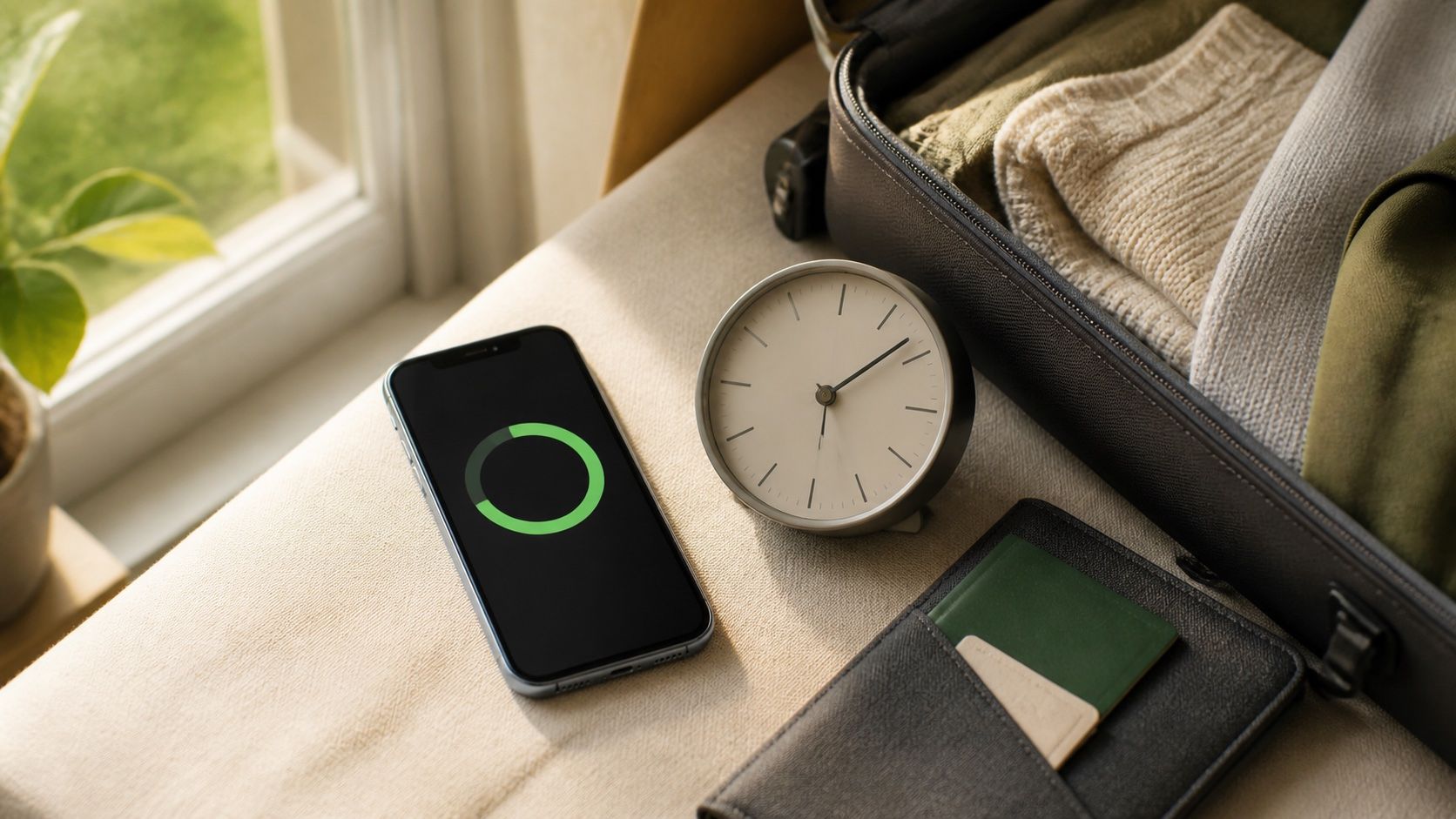 Smartphone and travel clock beside a packed bag before departure